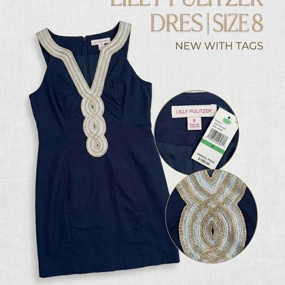 Lilly Pulitzer Navy Sleeveless Dress with Gold Embellished Neckline NWT